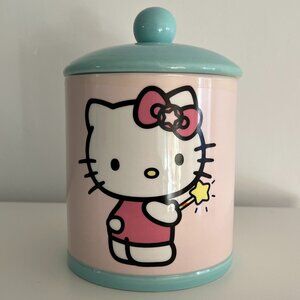Sanrio Hello Kitty Cookie Jar Canister Pink Blue 8x5.5" Cute Pose with Star Wand